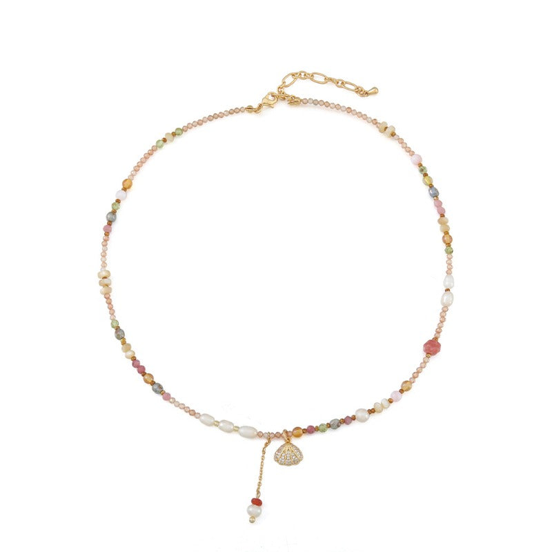 Linglang Handmade Colorful Beaded Necklace Natural Stone Pendant Necklace Freshwater Pearl Jewelry