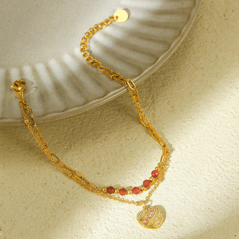 Linglang Adjustable 18K Gold Plated Bracelet Heart Chain for Girl Red Natural Stone Bracelet Gold Jewelry