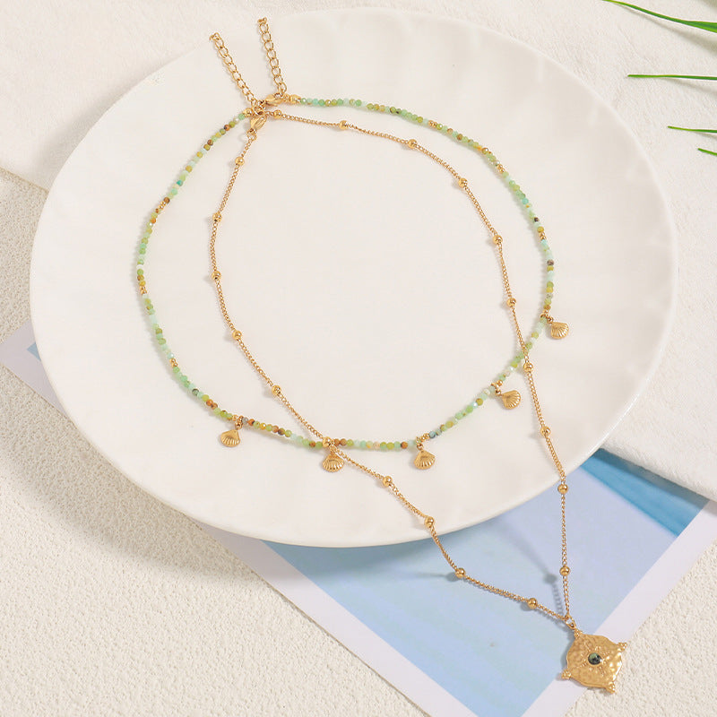 Natural Stone Beaded Necklace Retro Layered Necklace Gold-plated Chain