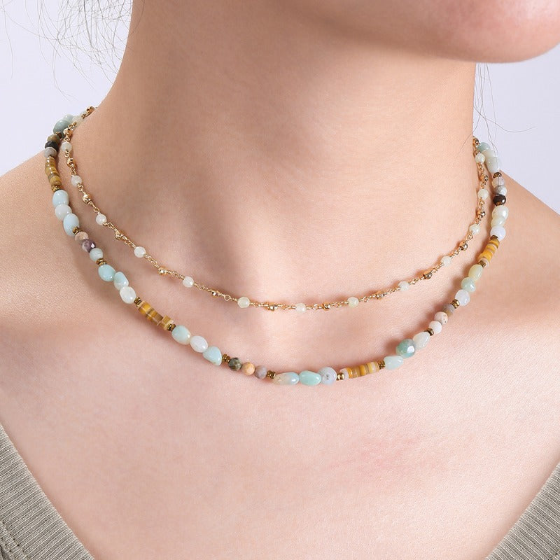 Linglang Boho Handmade Amazonite Natural Stone Beaded Necklace Healing Crystal Choker Necklace