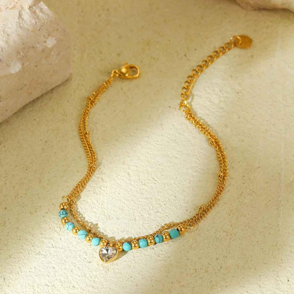 Linglang Blue Natural Stone Beaded Bracelet 18K Gold Plated Bracelet Dainty Gold Chain Stacked Bracelets for Women