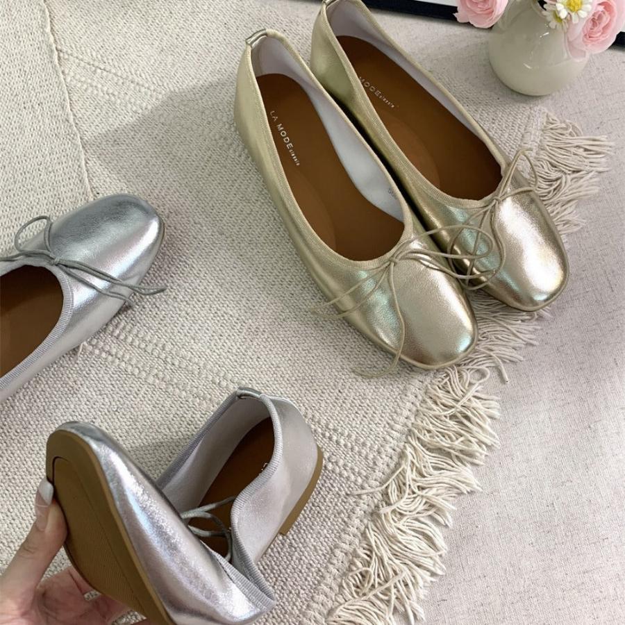 Soft Silver Ballet Flats Shoes Slip on Flats Retro Pointed Toe Flats Women's Flats