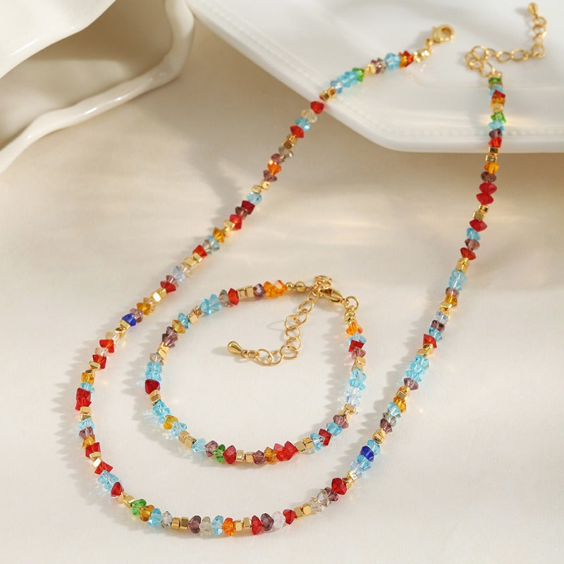 Linglang Boho Colored Necklace Irregular Crystal Necklace Bracelet Set Beaded Necklace Chain Summer Jewelry