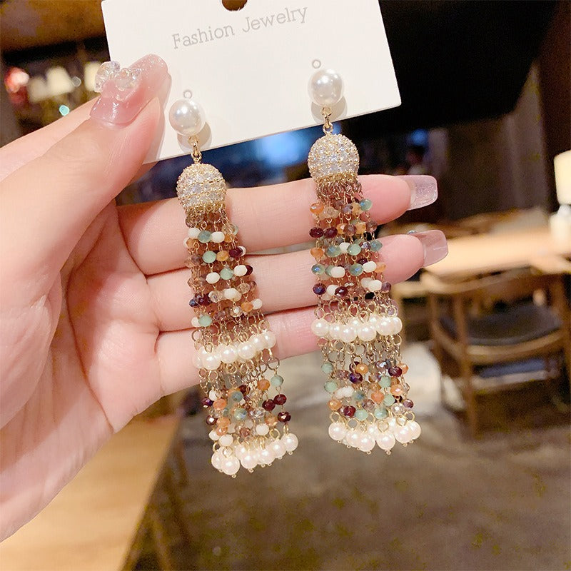 Linglang Boho Earrings Colored Crystal Beaded Earrings Tassel Earrings Vintage Jewelry for Women