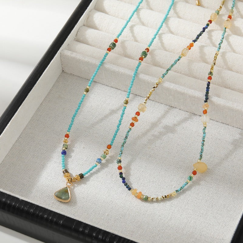 Linglang Blue Green Lapis Lazuli Natural Stone Beaded Necklace Layered Jewelry Czech Beads Necklace Layering Jewelry