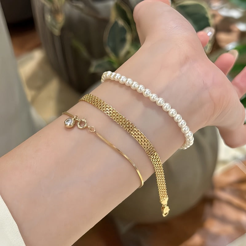 18K Gold Plated Flat Grid Bracelet Retro Bracelet Stack Adjustable Chain Bracelet Gold Jewelry for Women