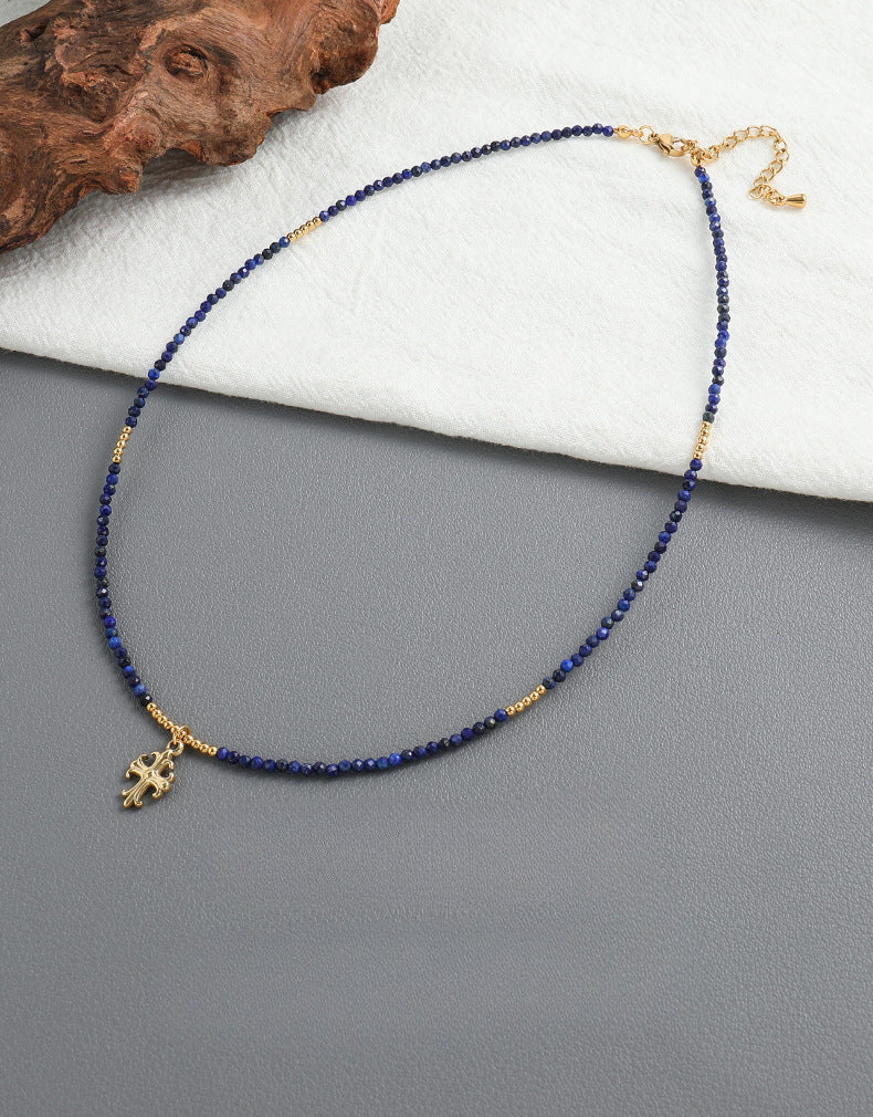 Linglang Retro Style Lapis Lazuli Necklace Handmade Beaded Chain Choker Pendant Necklace Vintage Jewelry
