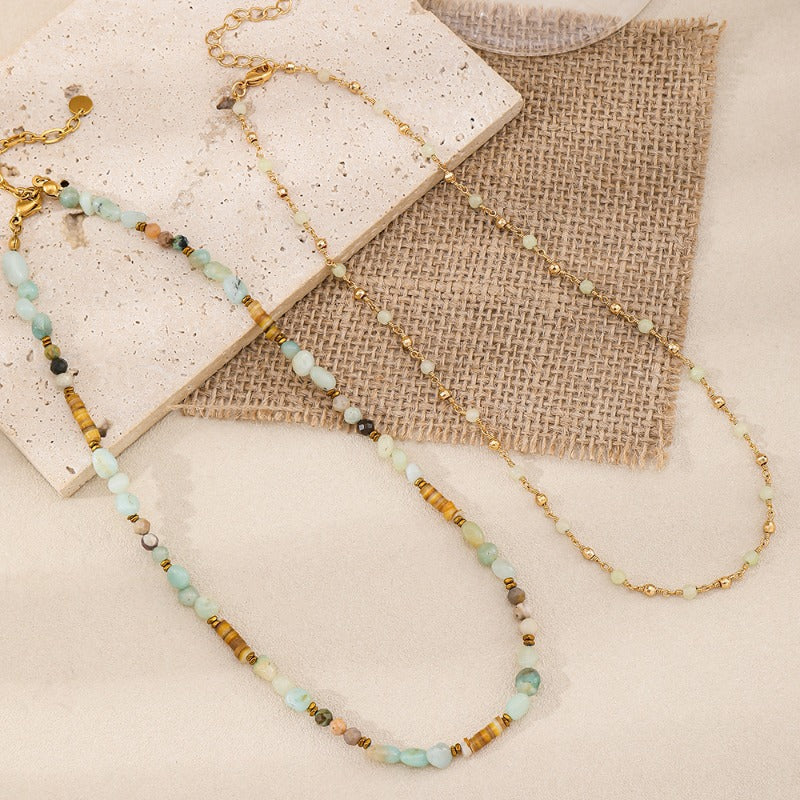 Linglang Boho Handmade Amazonite Natural Stone Beaded Necklace Healing Crystal Choker Necklace