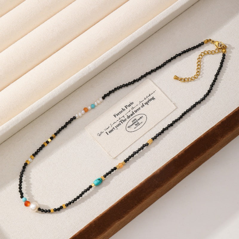 Linglang Handmade Retro Black Spinel Beaded Necklace Baroque Freshwater Pearl Necklace Vintage Choker