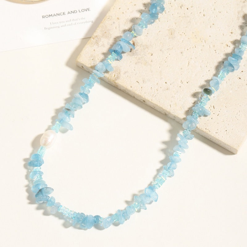 Linglang Handmade Irregular Aquamarine Beaded Necklace Elegant Pearl Necklace Natural Stone Necklace