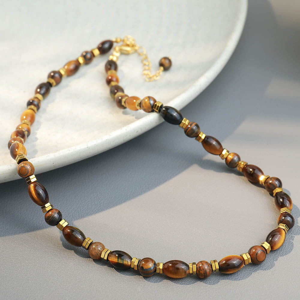 Linglang Vintage Tigerite Beaded Necklace Handmade Boho Style Chain Natural Stone Jewelry Gift