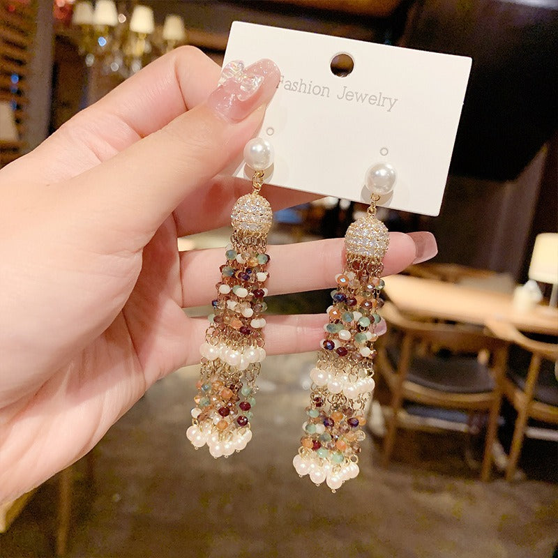Linglang Boho Earrings Colored Crystal Beaded Earrings Tassel Earrings Vintage Jewelry for Women