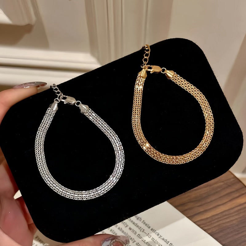 18K Gold Plated Flat Grid Bracelet Retro Bracelet Stack Adjustable Chain Bracelet Gold Jewelry for Women