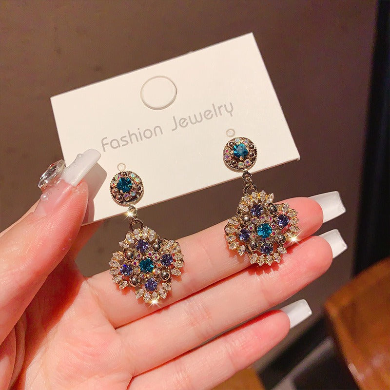 Sterling Boho Drop Earrings Retro Beaded Earrings Vintage Rhinestone Dangle Earrings