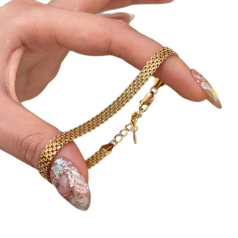 18K Gold Plated Flat Grid Bracelet Retro Bracelet Stack Adjustable Chain Bracelet Gold Jewelry for Women