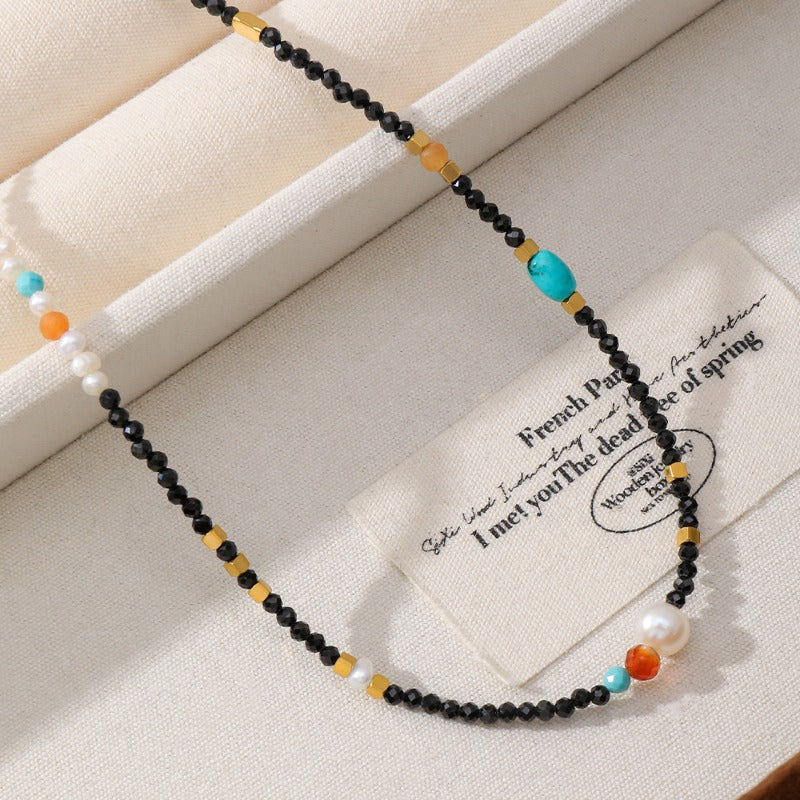 Linglang Handmade Retro Black Spinel Beaded Necklace Baroque Freshwater Pearl Necklace Vintage Choker