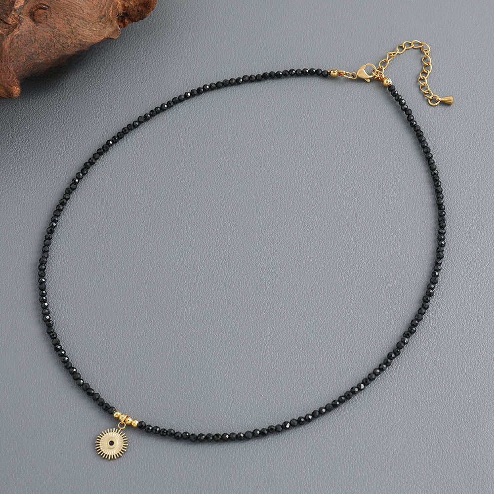 Linglang Black Spinel Beaded Necklace Elegant Pendant Necklace Simple Choker Vintage Jewelry Gift