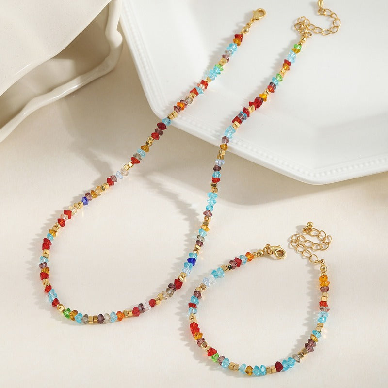 Linglang Boho Colored Necklace Irregular Crystal Necklace Bracelet Set Beaded Necklace Chain Summer Jewelry