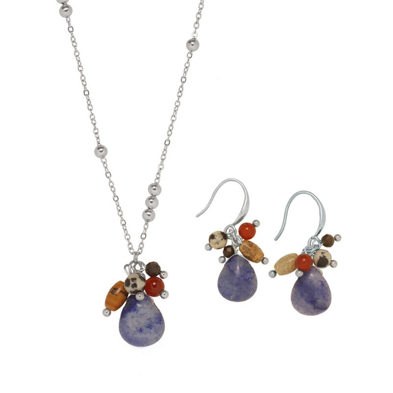 Linglang Natural Stone Necklace Retro Colored Dangling Earrings Trendy Pendant Necklace for Girl Vintage Jewelry