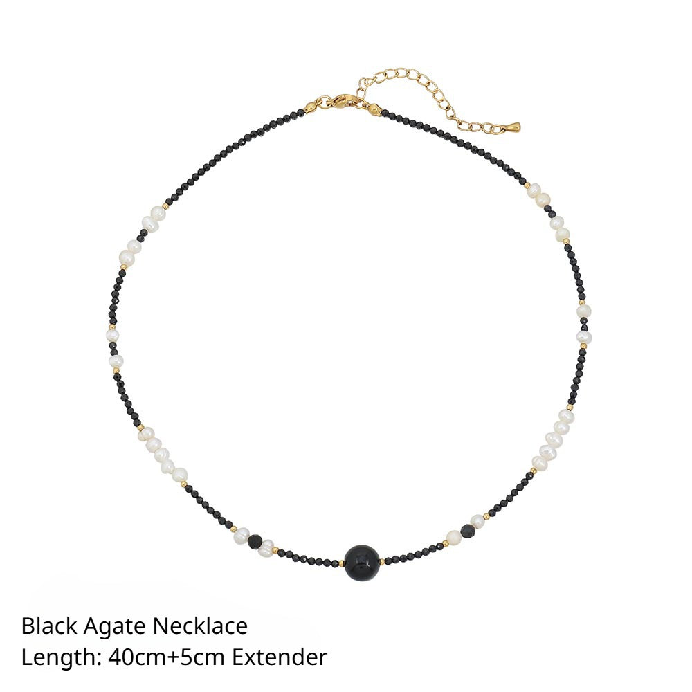 Linglang Retro Handmade Black Agate Beaded Necklace Black Spinel Necklace Pear Necklace Layering Necklace