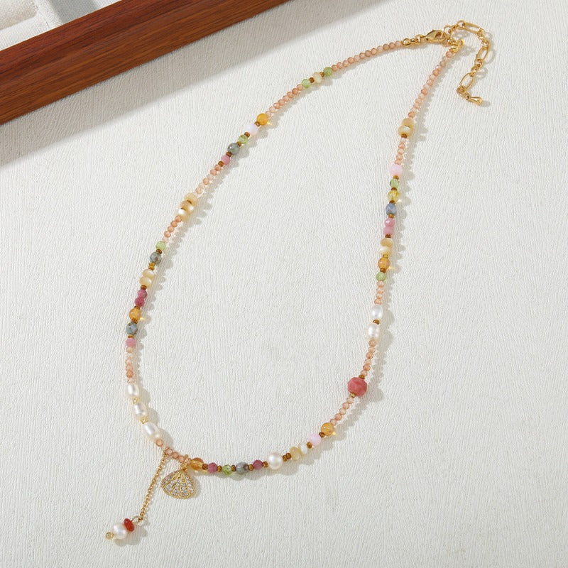 Linglang Handmade Colorful Beaded Necklace Natural Stone Pendant Necklace Freshwater Pearl Jewelry