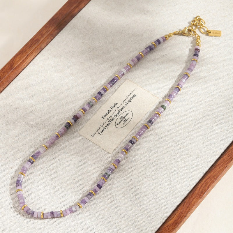 Linglang Purple Natural Stone Necklace Handmade Beaded Necklace Retro Chain Healing Crystal Choker Necklace