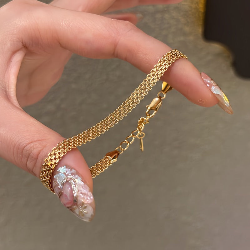 18K Gold Plated Flat Grid Bracelet Retro Bracelet Stack Adjustable Chain Bracelet Gold Jewelry for Women