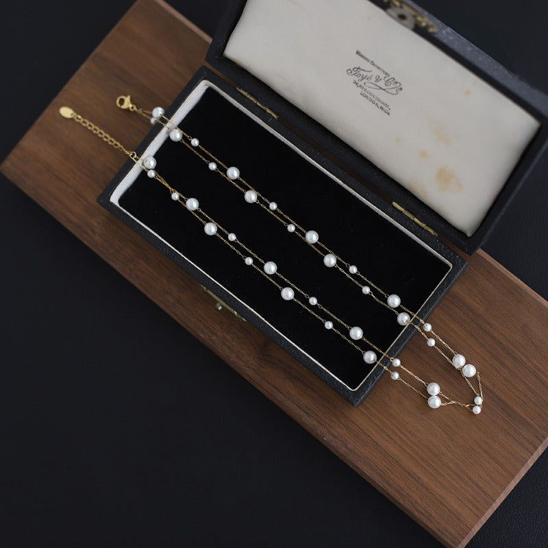 Linglang Mermaid Bubble Pearl Layered Necklace Hypoallergenic Gold Plated Chain Starry Sky Layering Necklace