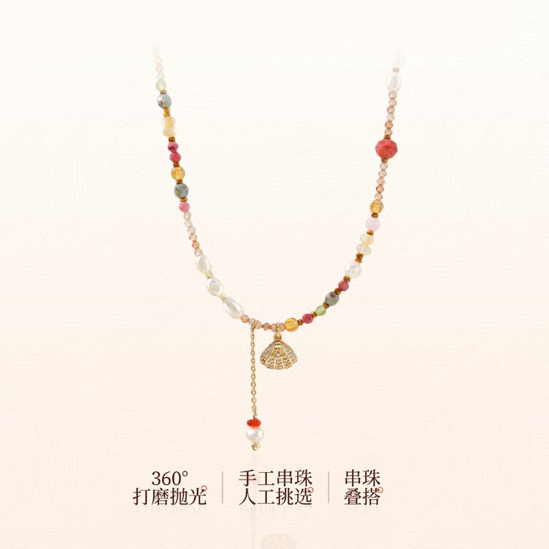 Linglang Handmade Colorful Beaded Necklace Natural Stone Pendant Necklace Freshwater Pearl Jewelry