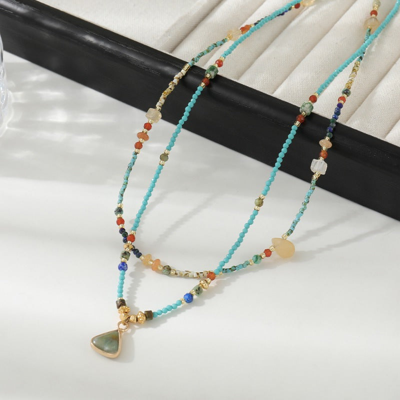 Linglang Blue Green Lapis Lazuli Natural Stone Beaded Necklace Layered Jewelry Czech Beads Necklace Layering Jewelry