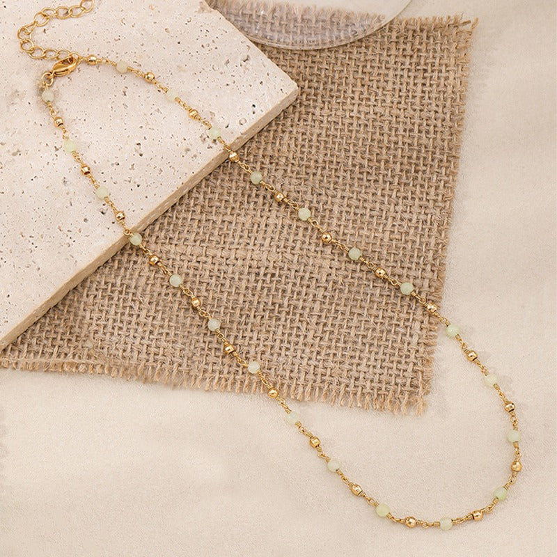 Linglang Boho Handmade Amazonite Natural Stone Beaded Necklace Healing Crystal Choker Necklace