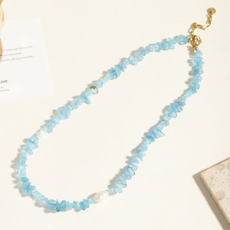 Linglang Handmade Irregular Aquamarine Beaded Necklace Elegant Pearl Necklace Natural Stone Necklace