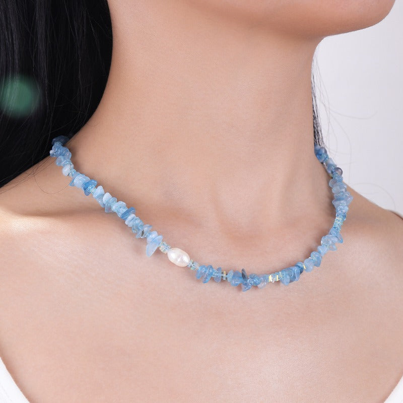 Linglang Handmade Irregular Aquamarine Beaded Necklace Elegant Pearl Necklace Natural Stone Necklace