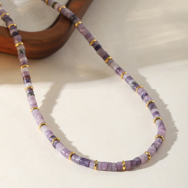 Linglang Purple Natural Stone Necklace Handmade Beaded Necklace Retro Chain Healing Crystal Choker Necklace