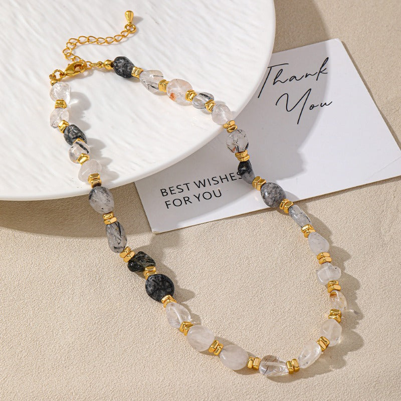 Linglang Colored Crystal Necklaces Natural Stone Beaded Necklace Black Quartz Rutilated Necklace Beaded Jewelry