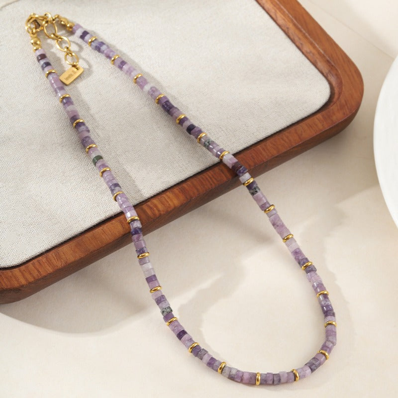 Linglang Purple Natural Stone Necklace Handmade Beaded Necklace Retro Chain Healing Crystal Choker Necklace