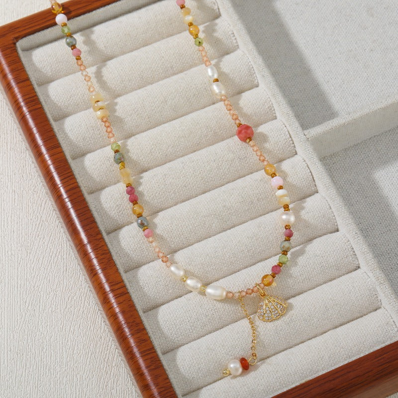 Linglang Handmade Colorful Beaded Necklace Natural Stone Pendant Necklace Freshwater Pearl Jewelry