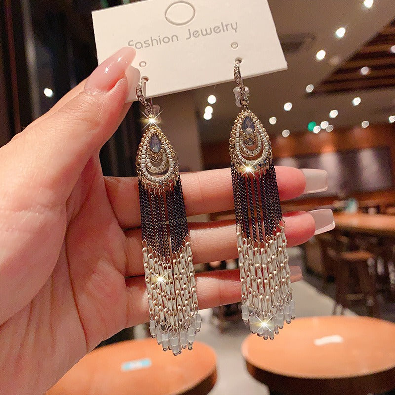 Linglang Handmade Boho Earrings Crystal Beaded Earrings Vintage Tassel Earrings Dangle Earrings