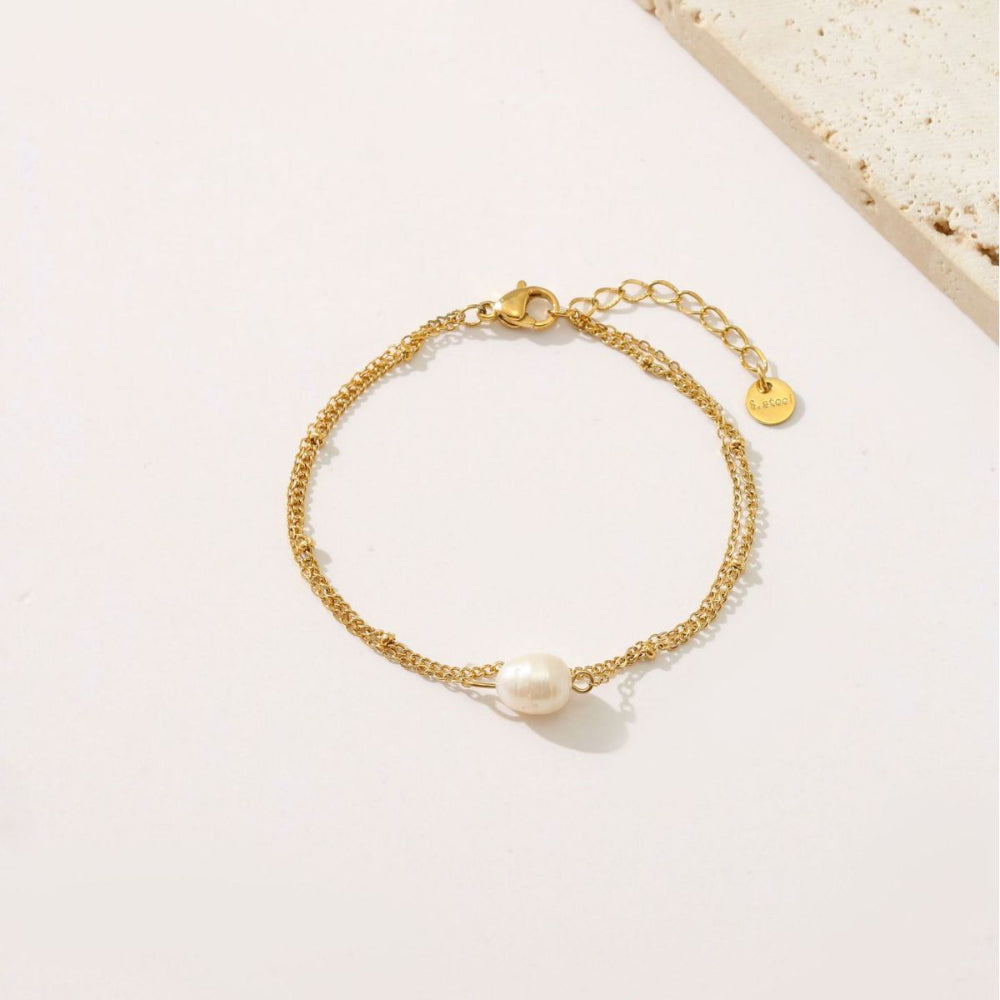 Linglang 18K Gold Plated Pearl Bracelet Adjustable Layered Bracelet for Woman Dainty Layering Jewelry