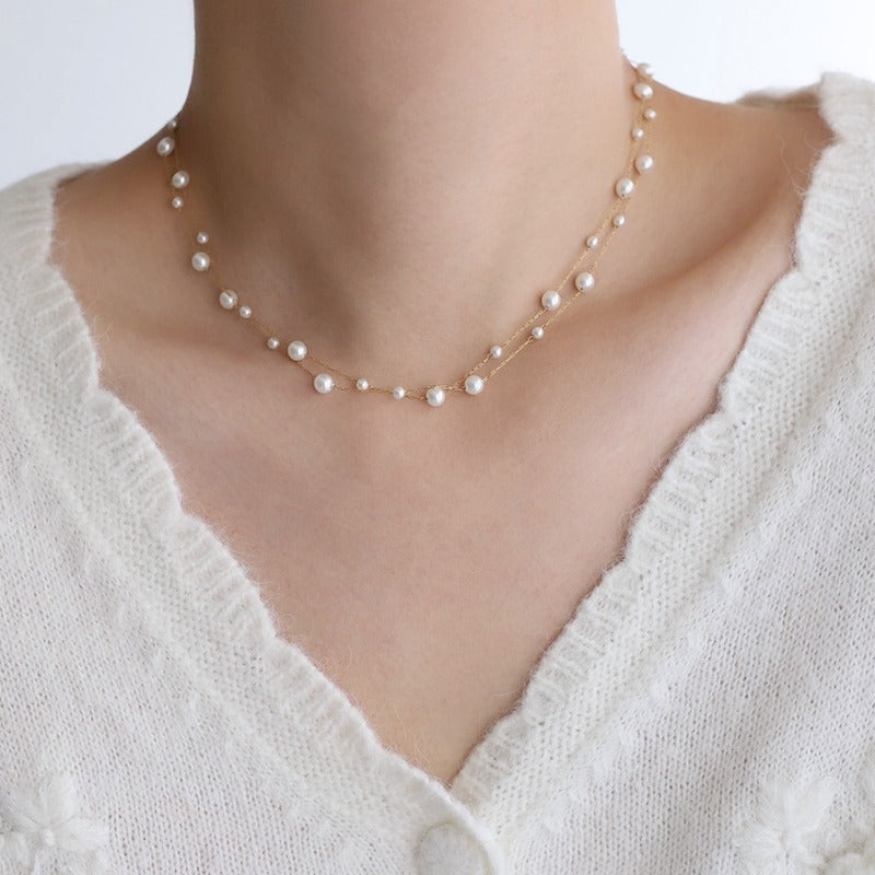 Linglang Mermaid Bubble Pearl Layered Necklace Hypoallergenic Gold Plated Chain Starry Sky Layering Necklace