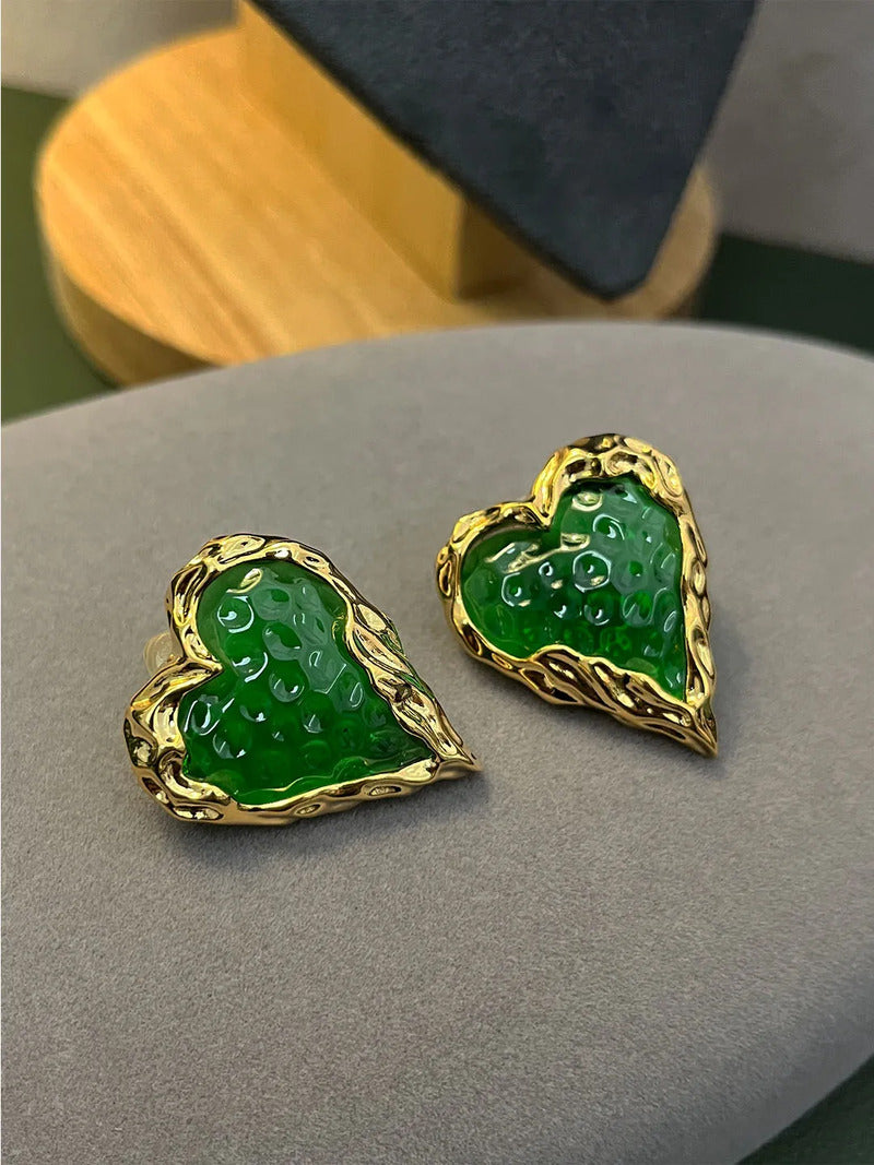  Jelly Glaze Green Heart Retro Earrings with 925 Silver Stud