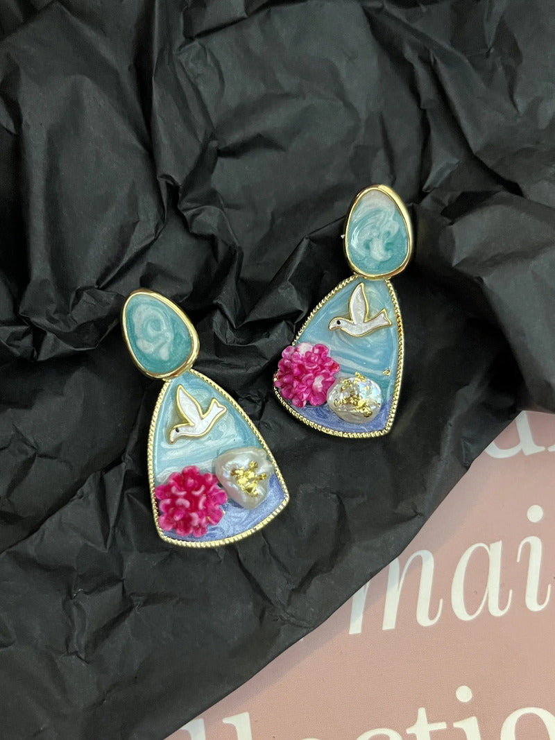 Oil Painting Style Retro Earrings with 925 Silver Stud