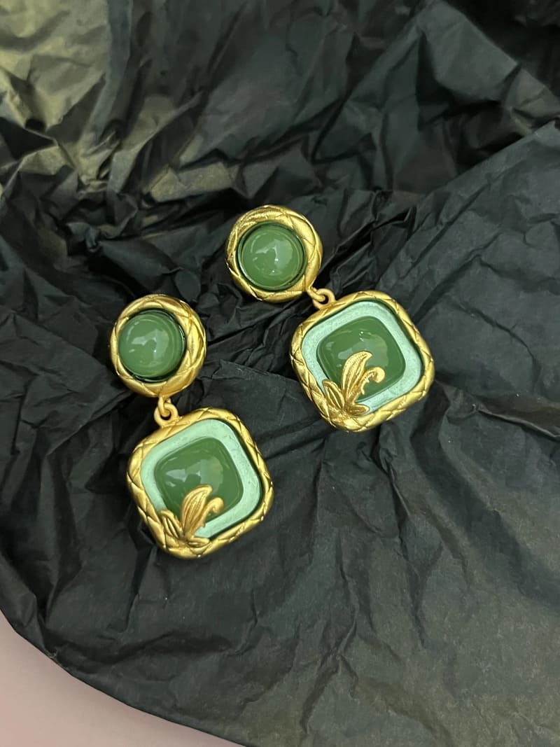 Retro Green Matte Enamel Dangle Earrings with 925 Silver Stud