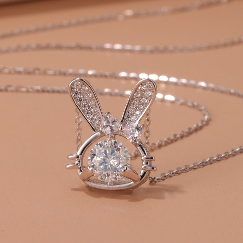 925 Sterling Silver Moissanite Rabbit Pendant Adjustable Necklace