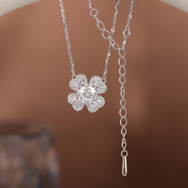 Lucky Clover 925 Sterling Silver Moissanite Adjustable Necklace