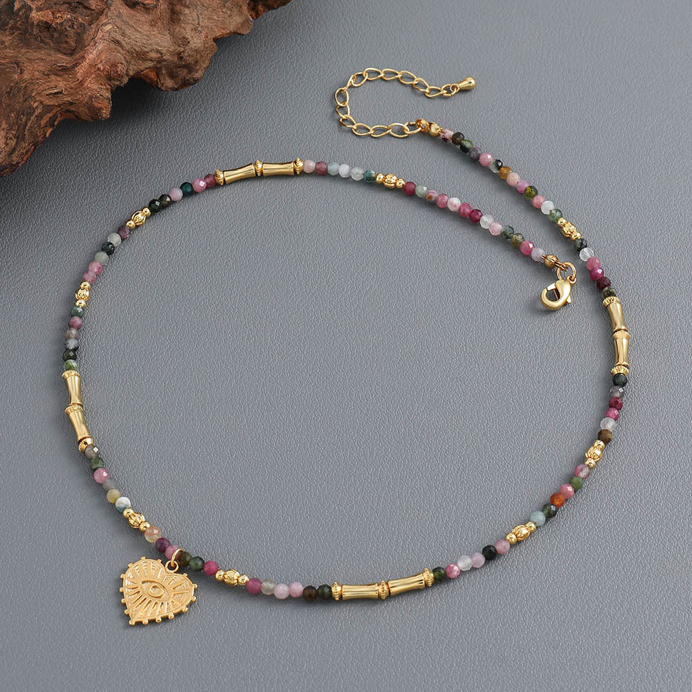 Linglang Vintage Tourmaline Stone Beaded Necklace Handmade Pendant Necklace Chain Boho Jewelry