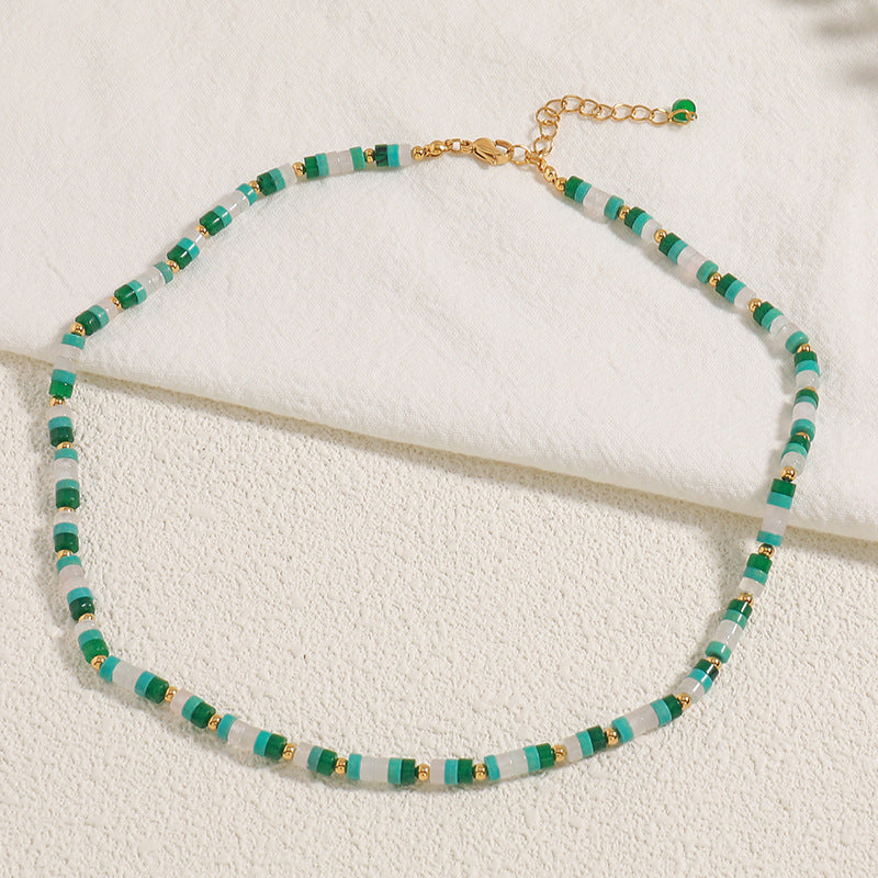 Linglang Natural Stone Beaded Necklace Boho Handmade Choker Chain Green and White Necklace Jewelry