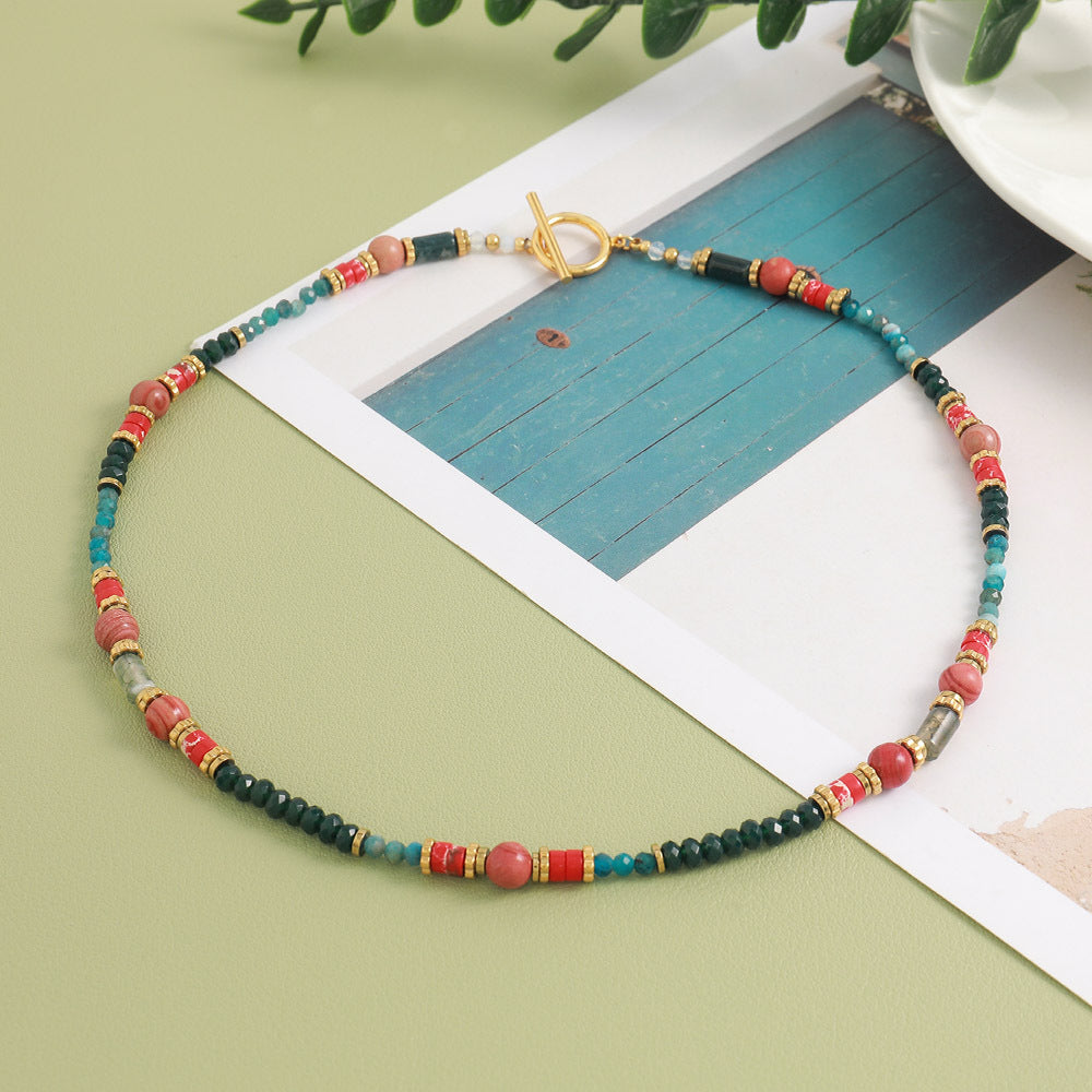 Linglang Retro Natural Stone Beaded Necklace Handmade Vintage Jewelry Boho Style Choker Chain