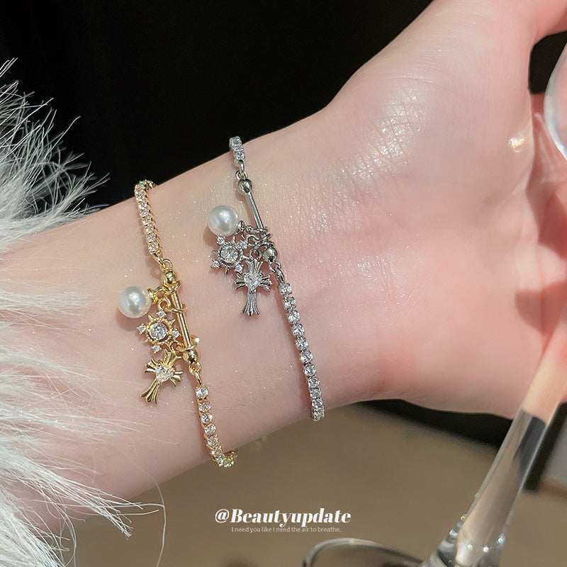 Linglang 14K Gold Plated Zircon Bracelet Snowflake Cross Pearl Bracelet Elegant Tennis Bracelet Ideas