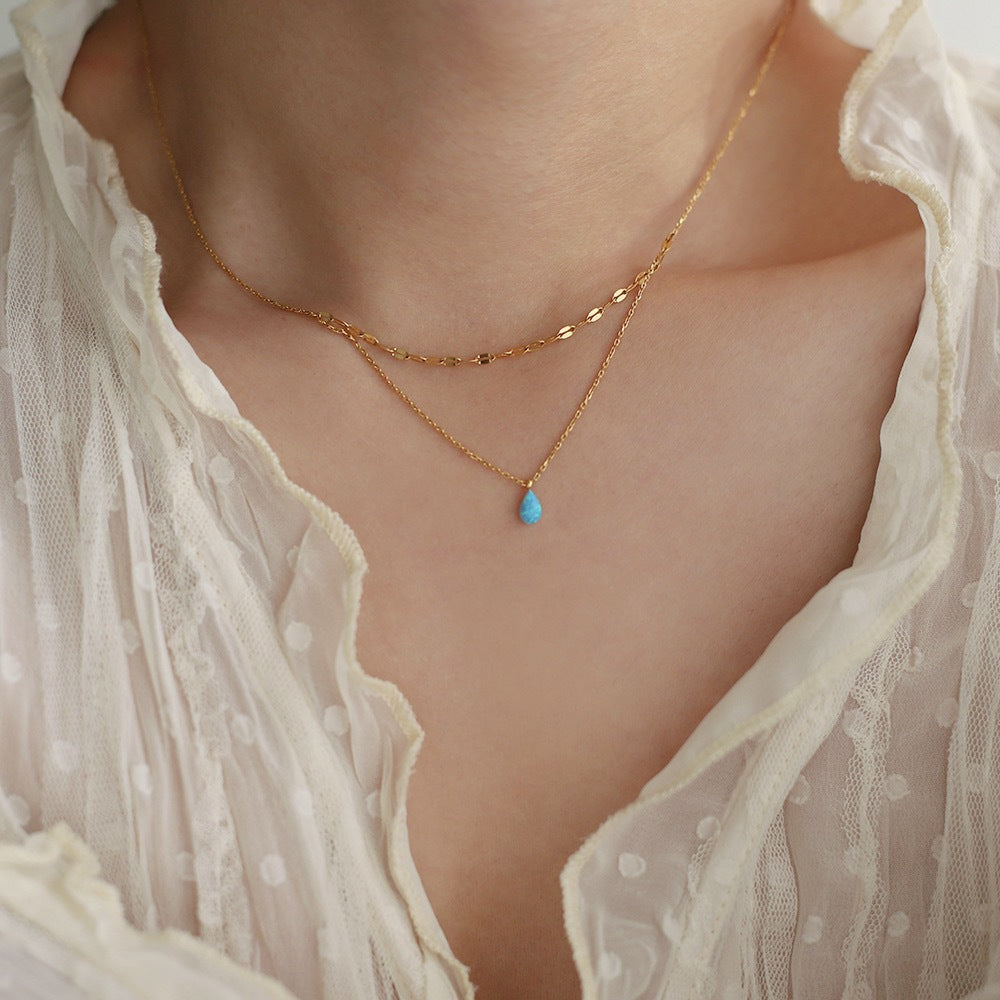Linglang Blue Tears Water Drop Pendant Necklace 18K Gold Plated Layered Necklace Gold Chain Layering Jewelry